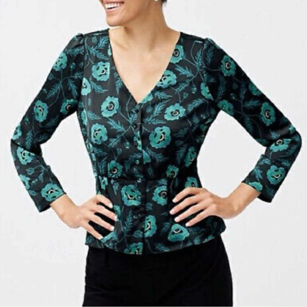 J Crew Satin‎ Back Crepe V-Neck Button-Front Poppy Print Lined Blouse Size 2